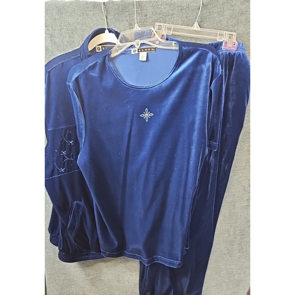 Blast Pants - Vintage Blast Women's LG  3 Piece Velour Blue Track Suit Pockets Shoulder Pads